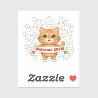 Cheerful Cat with New Year Banner Welcome 2026 シール
