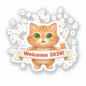Cheerful Cat with New Year Banner Welcome 2026  シール (正面)
