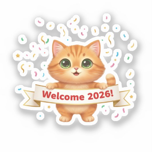 Cheerful Cat with New Year Banner Welcome 2026  シール (正面)