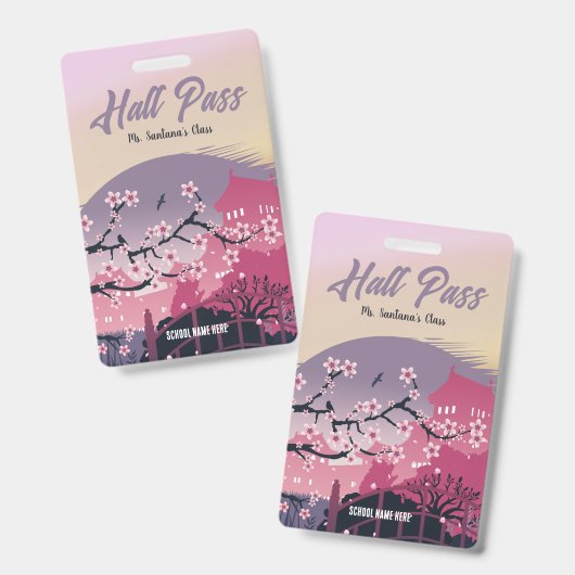 Cheerful Cherry Blossom Hall Pass Customizable バッジ (正面＆裏面)