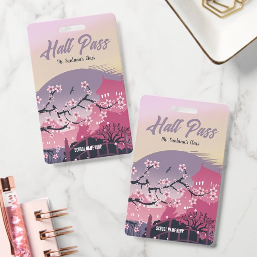 Cheerful Cherry Blossom Hall Pass Customizable バッジ (オフィス)