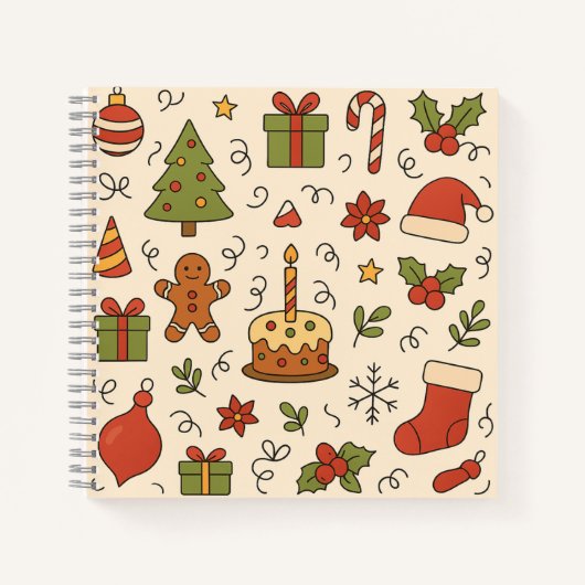Cheerful Christmas Doodle Pattern ノートブック (正面)