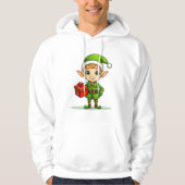 Cheerful Christmas Elf with Gift – Holiday Hoodie パーカ (正面)