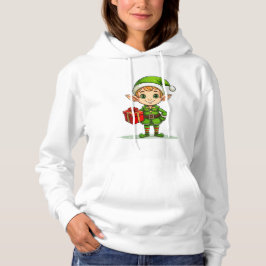 Cheerful Christmas Elf with Gift – Holiday Hoodie パーカ