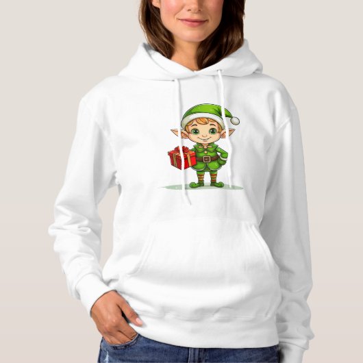 Cheerful Christmas Elf with Gift – Holiday Hoodie パーカ (正面)