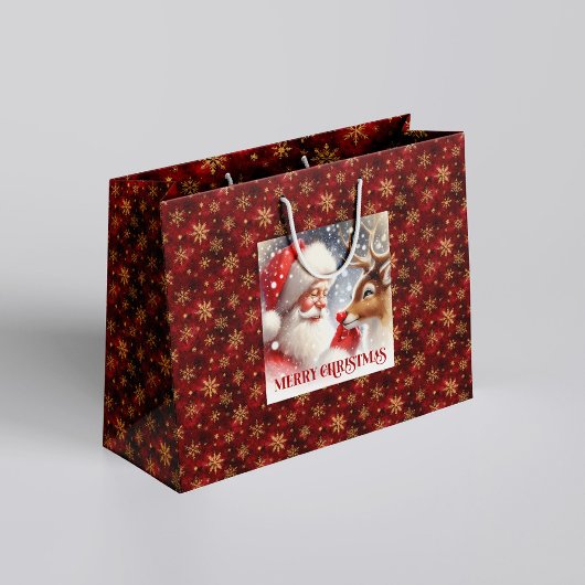Cheerful Classic Santa and Red Nose Rudolph Bag ラージペーパーバッグ