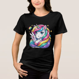 Cheerful & Confident Rainbow Unicorn Peace Sign トライブレンドＴシャツ