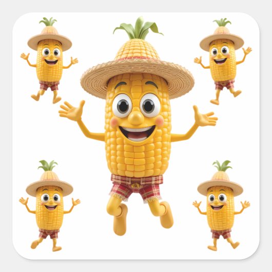 Cheerful Corn Characters Celebrating Life スクエアシール (正面)