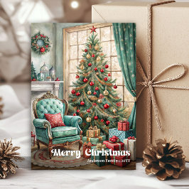 Cheerful cozy Christmas interior rustic red green シーズンカード