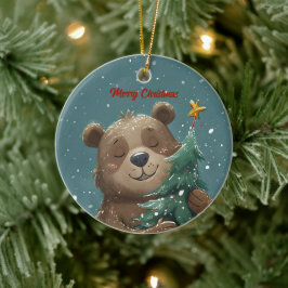 Cheerful Cute Bear Hugging Christmas Tree セラミックオーナメント
