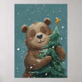 Cheerful Cute Bear Hugging Christmas Tree  ポスター (正面)