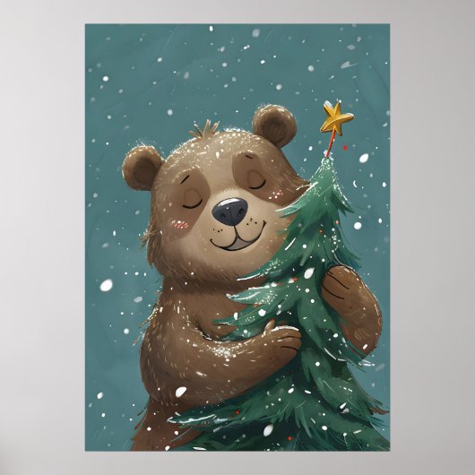 Cheerful Cute Bear Hugging Christmas Tree  ポスター (正面)