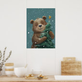 Cheerful Cute Bear Hugging Christmas Tree  ポスター (キッチン)