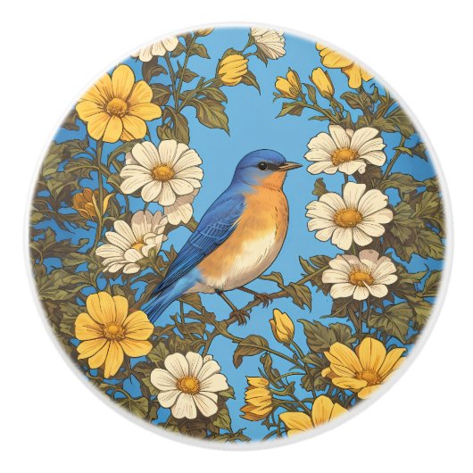 Cheerful Eastern Bluebird Yellow and White Flowers セラミックノブ (正面)