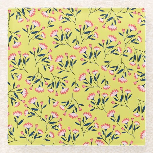 Cheerful Floral Pattern: Pink Flowers  ガラスコースター (正面)
