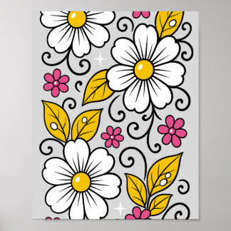 Cheerful Floral Pattern with Bold Outlines ポスター