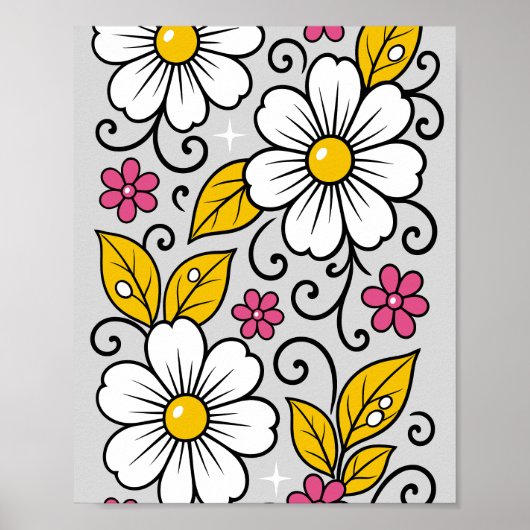 Cheerful Floral Pattern with Bold Outlines ポスター (正面)