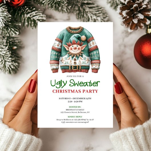 Cheerful Funny Ugly Sweater Christmas Card 招待状