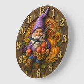 Cheerful gnome with apple basket harvest ラージ壁時計 (傾斜)