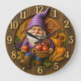 Cheerful gnome with apple basket harvest ラージ壁時計