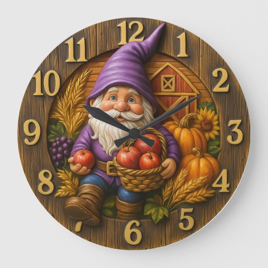 Cheerful gnome with apple basket harvest ラージ壁時計 (正面)