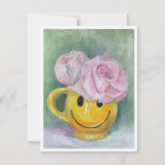 Cheerful Happy Face Mug with Pink Roses Note Card ノートカード (正面)