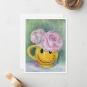 Cheerful Happy Face Mug with Pink Roses Note Card ノートカード (正面/裏面インサイチュ)