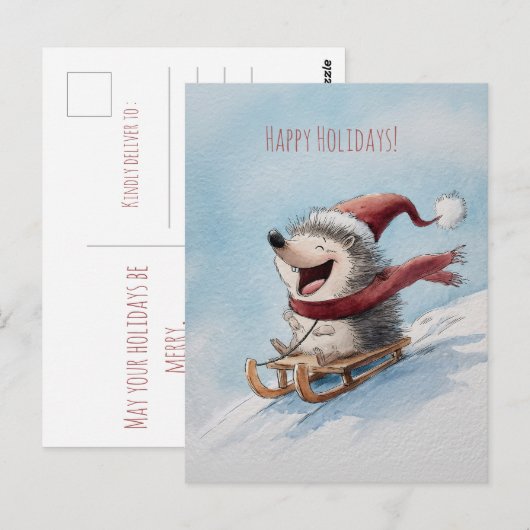 Cheerful hedgehog rides sled down, Christmas  ポストカード (正面/裏面)