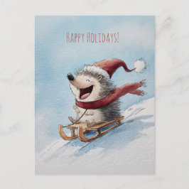 Cheerful hedgehog rides sled down, Christmas  ポストカード