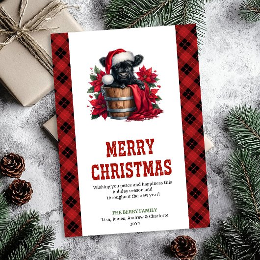 Cheerful highland cow card red poinsettia digital シーズンカード