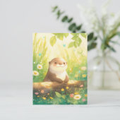Cheerful Otter in Sunny Spring Meadow ポストカード (スタンド正面)