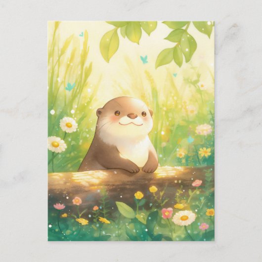 Cheerful Otter in Sunny Spring Meadow ポストカード (正面)