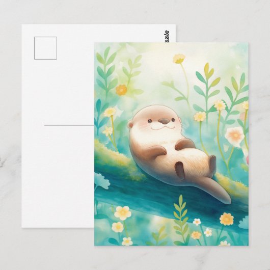 Cheerful Otter on Mossy River Log ポストカード (正面/裏面)