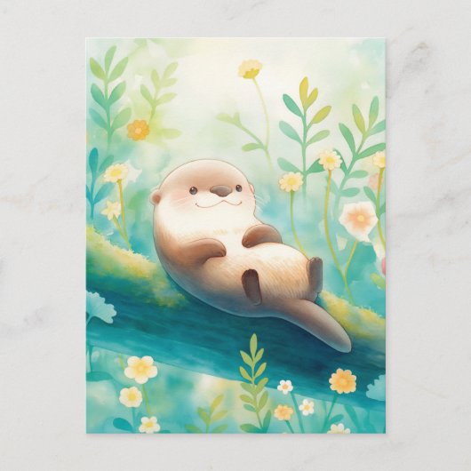 Cheerful Otter on Mossy River Log ポストカード (正面)