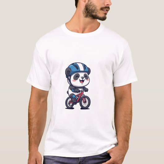 Cheerful Panda Cyclist Riding a Red Mountain Bike Tシャツ (正面)