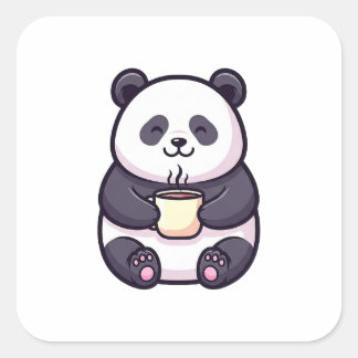 Cheerful Panda with Tea – Cute Whimsical Illustrat スクエアシール