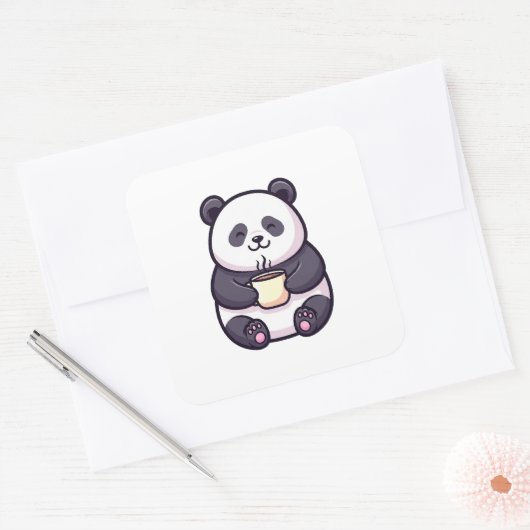 Cheerful Panda with Tea – Cute Whimsical Illustrat スクエアシール (封筒)