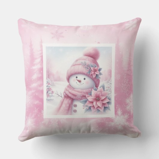 Cheerful Pink Snowman Pinkmas Forest Gift Pillow クッション (裏面)