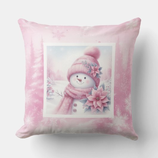 Cheerful Pink Snowman Pinkmas Forest Gift Pillow クッション (正面)