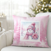 Cheerful Pink Snowman Pinkmas Forest Gift Pillow クッション