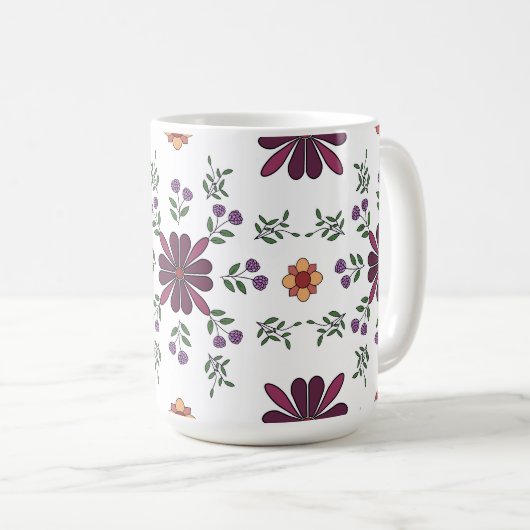 Cheerful Purple and Yellow Floral Folk Art Mug  コーヒーマグカップ (正面右)