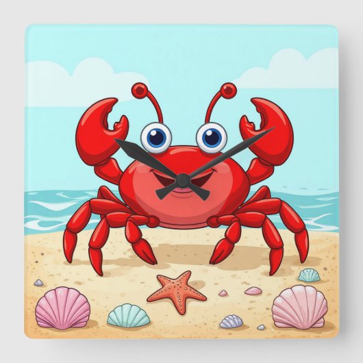 Cheerful Red Cartoon Crab Cute Seashell Kids🦀 スクエア壁時計 (正面)