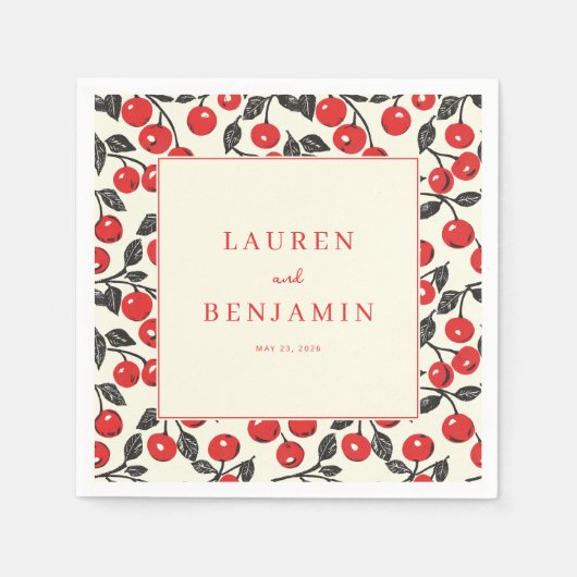 Cheerful Red Cherry Border スタンダードカクテルナプキン (正面)