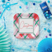 Cheerful Red Green Pink Christmas Plaid ペーパープレート (パーティー)