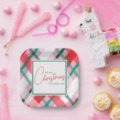 Cheerful Red Green Pink Christmas Plaid ペーパープレート (パーティー)