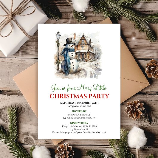 Cheerful red green winter scene party invite 招待状