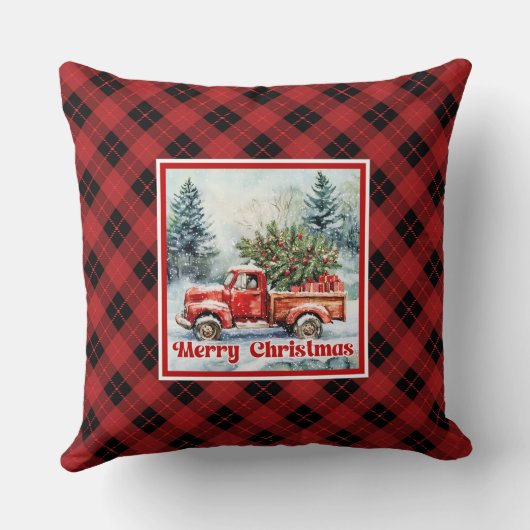 Cheerful red truck Christmas scene rustic bold  クッション (裏面)