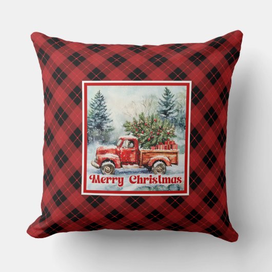 Cheerful red truck Christmas scene rustic bold  クッション (正面)