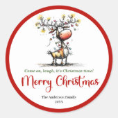 Cheerful reindeer quirky whimsical Xmas sticker ラウンドシール (正面)