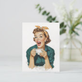 Cheerful Retro Woman Enjoying Coffee ポストカード (スタンド正面)